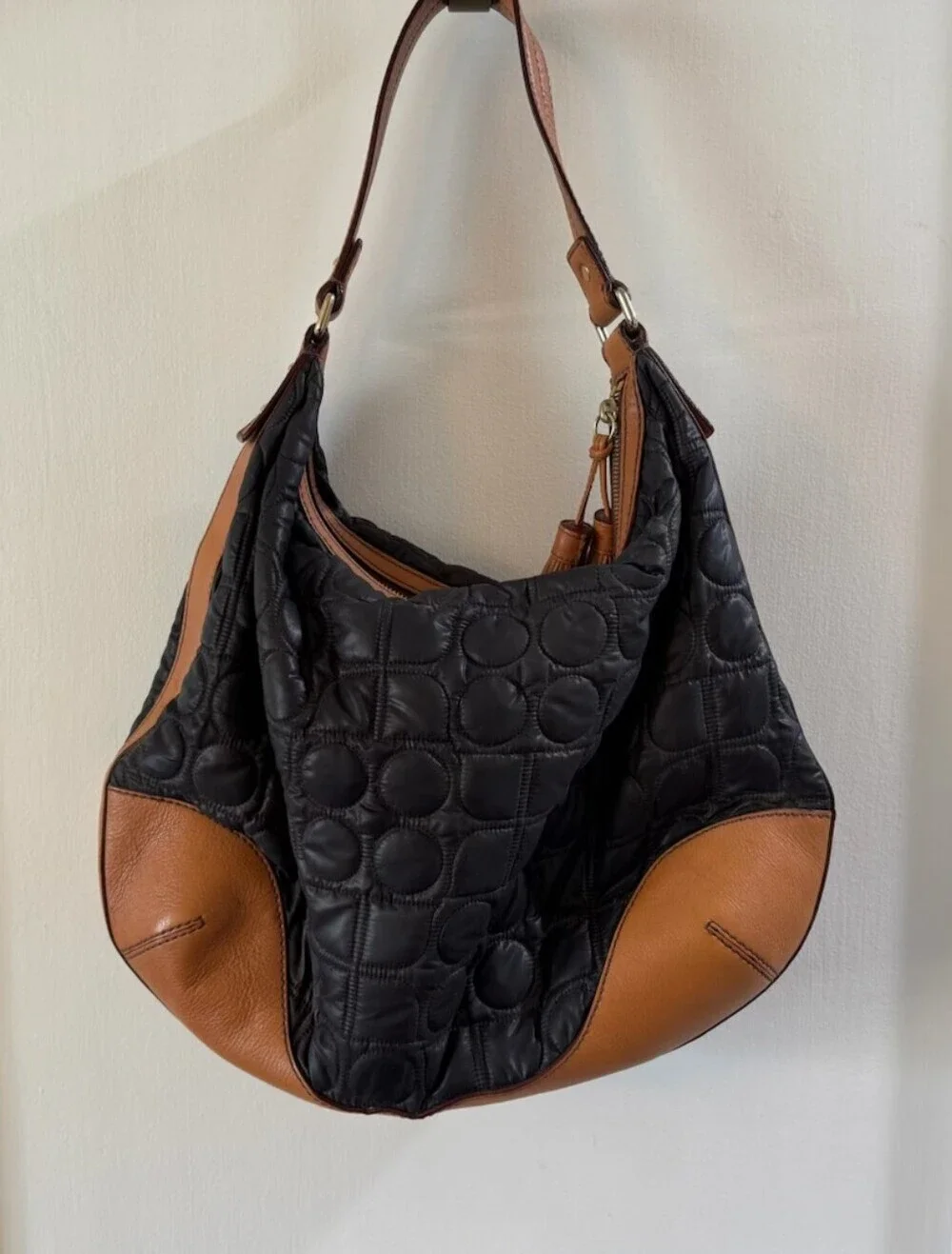 kate spade Black Quilted Shoulder Bag with Tan Leather Trim and Tassels